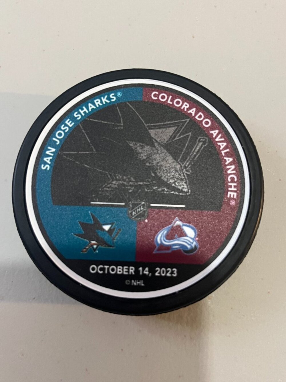 San Jose Hockey vs. Colorado Avalanches Game Day Puck 10/14/2023